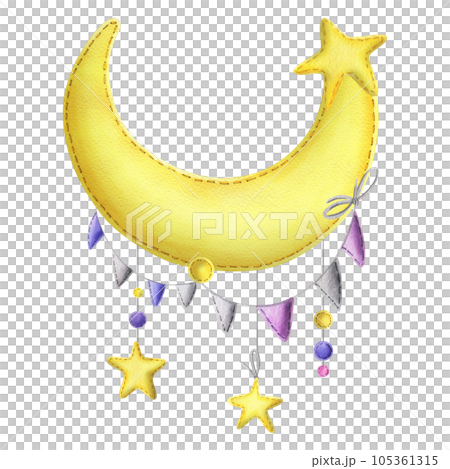 A stitched yellow crescent with hanging garlands of lilac and pink flags and stars. Childish cute hand drawn watercolor illustration. Isolated composition on a white background. A stitched yellow crescent with hanging garlands of lilac and pink flags and stars. Childish cute hand drawn watercolor illustration. Isolated composition on a white background. 105361315