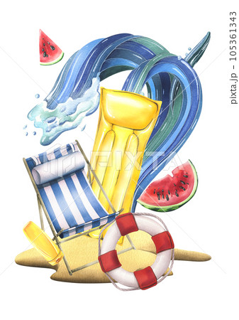 Beach lounger blue striped with an inflatable yellow mattress, watermelon, lifebuoy and wave on a tropical island. Watercolor illustration, hand drawn. Isolated composition on a white background. 105361343