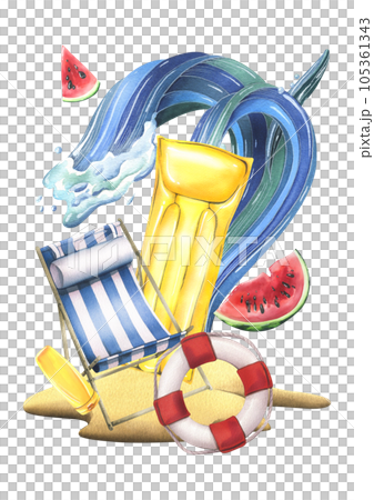 Beach lounger blue striped with an inflatable yellow mattress, watermelon, lifebuoy and wave on a tropical island. Watercolor illustration, hand drawn. Isolated composition on a white background. 105361343