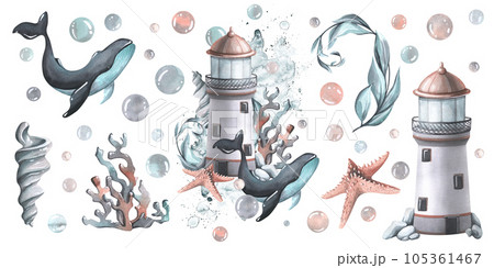 Lighthouse with whale, shell, coral, algae, starfish, bubbles. Watercolor illustration, hand drawn. Nautical set of isolated elements on a white background. Lighthouse with whale, shell, coral, algae, starfish, bubbles. Watercolor illustration, hand drawn. Nautical set of isolated elements on a white background. 105361467