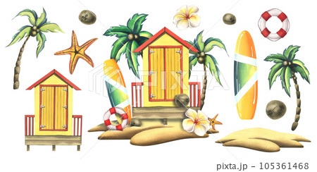 A wooden, striped, beach cabin with a surfboard, coconuts, a lifebuoy on a tropical island. Watercolor illustration hand drawn. Set of isolated elements on a white background. A wooden, striped, beach cabin with a surfboard, coconuts, a lifebuoy on a tropical island. Watercolor illustration hand drawn. Set of isolated elements on a white background. 105361468
