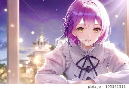 手描きイラスト 水彩原画 紫色髪の毛の女の子172 絵画