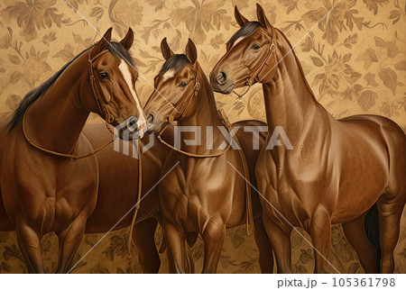 Chestnut Horses Family Painting, Beautiful Brown Horse, Abstract Generative AI Illustration Chestnut Horses Family Painting, Beautiful Brown Horse, Abstract Generative AI Illustration 105361798