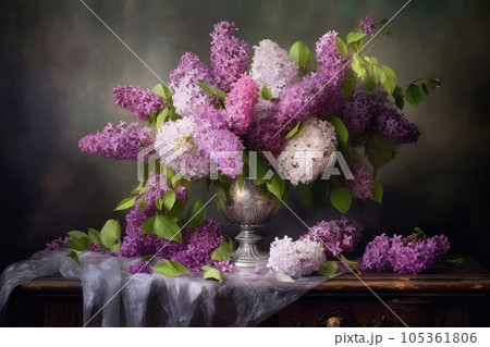 Flower Still Life Bouquet in Vintage Vase, Ancient Dutch Masters Imitation, Abstract Generative AI Illustration Flower Still Life Bouquet in Vintage Vase, Ancient Dutch Masters Imitation, Abstract Generative AI Illustration 105361806