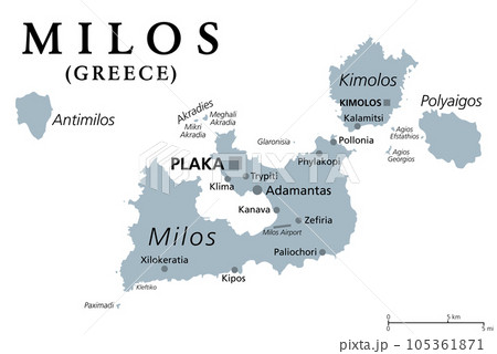 Milos or Melos, Greek island, gray political map. Volcanic island in the Aegean Sea, part of the Cyclades. Together with Antimilos and smaller islets a municipality, neighboring Kimolos and Polyaigos. 105361871