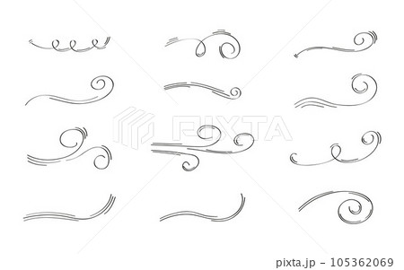 Doodle wind icon set. Swirl elements hand drawn doodle. Wind blows, windy motion, air condition blow, air masses flow Doodle wind icon set. Swirl elements hand drawn doodle. Wind blows, windy motion, air condition blow, air masses flow 105362069
