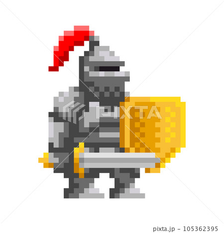 Medieval knight with sword and shield pixel art. Retro video-game character. Cartoon vector illustration. Medieval knight with sword and shield pixel art. Retro video-game character. Cartoon vector illustration. 105362395