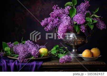 Flower Still Life Bouquet in Vintage Vase, Ancient Dutch Masters Imitation, Abstract Generative AI Illustration Flower Still Life Bouquet in Vintage Vase, Ancient Dutch Masters Imitation, Abstract Generative AI Illustration 105362437
