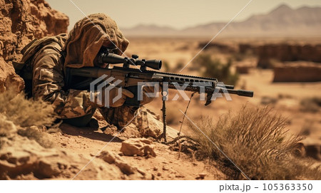 Sniper mercenary with a rifle aims at the enemy. Sniper mercenary with a rifle aims at the enemy. 105363350