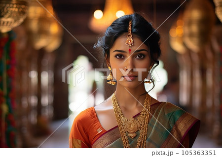 A beautiful young woman in a traditional Hindu dress and jewelry looking at camera. A beautiful young woman in a traditional Hindu dress and jewelry looking at camera. 105363351