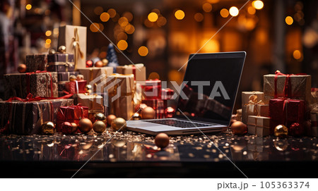多くのクリスマスプレゼントとPCがある風景