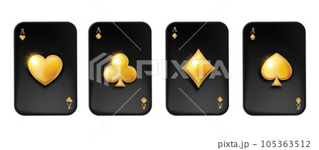 3D golden black poker card ace set, vector game UI casino Texas royal holdem online gambling kit.  105363512