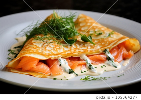 French triangular crepe pancakes with salmon and herbs on a plate 105364277