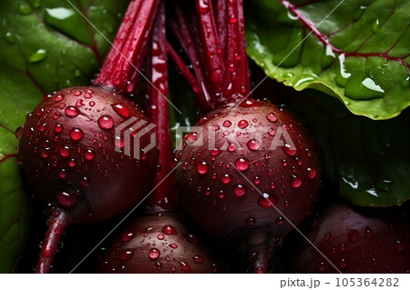 Red beetroot with drops of water and green leaves Red beetroot with drops of water and green leaves 105364282
