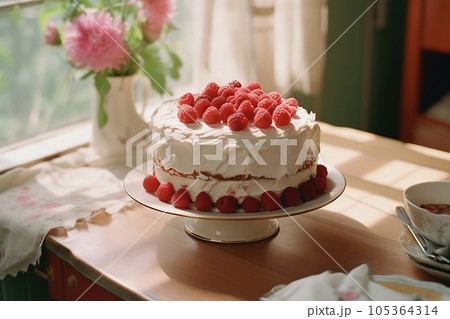 Sponge cake with cream and raspberries Sponge cake with cream and raspberries 105364314