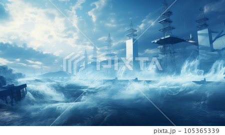 A clean energy power plant harnessing the power of tidal waves, symbolizing the innovation in renewable energy technology. Background 105365339