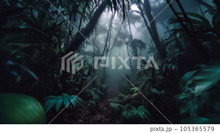Mysterious jungle forest covered in fog. Photorealistic background Mysterious jungle forest covered in fog. Photorealistic background 105365579