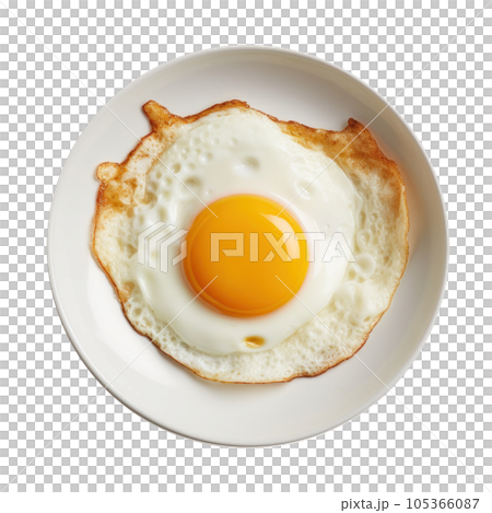 Fried egg on white plate isolated 105366087