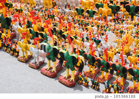 Chickens statue are worship and placed at the temple 105366188