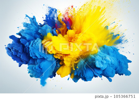Explosion of colorful yellow blue color holi paint powder isolated on white background. AI generated 105366751