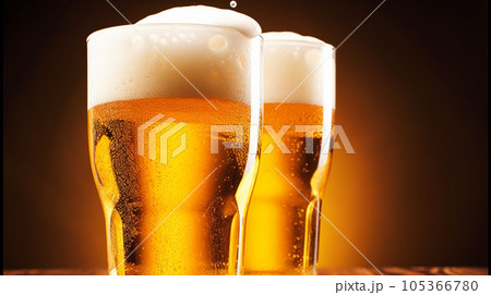 Glasses of cold beer with foam, pint of original premium beer drink, alcohol flavour and holiday celebration 105366780