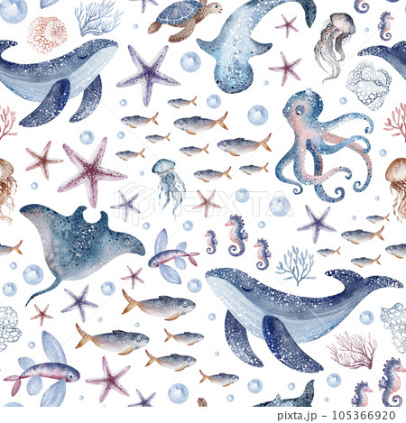 Marine seamless pattern marine animals, corals, plants, seashell, starfish, octopus, seahorse, algae, turtle. Watercolor marine background. Marine seamless pattern marine animals, corals, plants, seashell, starfish, octopus, seahorse, algae, turtle. Watercolor marine background. 105366920