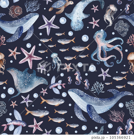 Marine seamless pattern marine animals, corals, plants, seashell, starfish, octopus, seahorse, algae, turtle. Watercolor marine background. 105366921