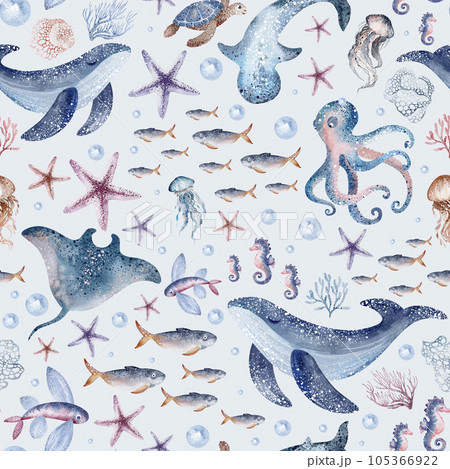 Marine seamless pattern marine animals, corals, plants, seashell, starfish, octopus, seahorse, algae, turtle. Watercolor marine background. 105366922