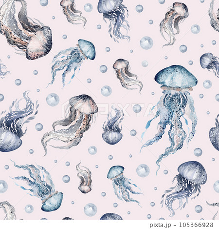Marine seamless pattern marine animals, corals, plants, seashell, starfish, octopus, seahorse, algae, turtle. Watercolor marine background. 105366928