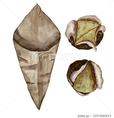 Set for the composition of roasted chestnuts. Chestnut leaf and paper bag. Watercolor illustration. 105366931