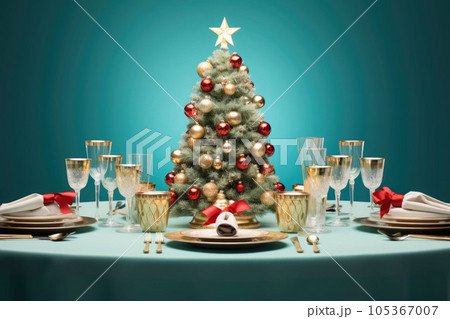 Christmas table setting in pastel colors. Minimalist style. Generative AI 105367007