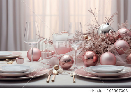Table served for Christmas dinner in minimalistic decor. Pastel colors. AI generated 105367008