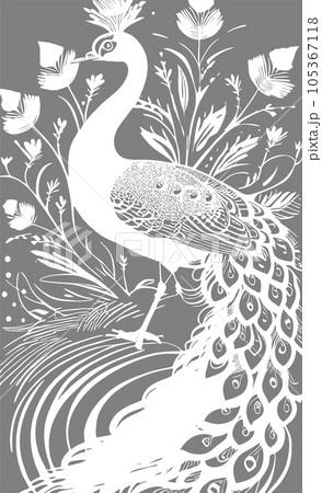 white stylized contour drawing of a peacock on a gray background, monochrome graphics, design 105367118