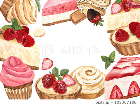 Watercolor frame dessert, piece of cheesecake with fresh strawberries. Hand-drawn illustration isolated on white background. Perfect food menu, food drawing, design packing, print Watercolor frame dessert, piece of cheesecake with fresh strawberries. Hand-drawn illustration isolated on white background. Perfect food menu, food drawing, design packing, print 105367186