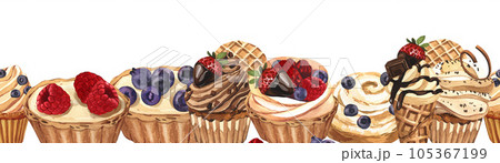 Watercolor seamless banner dessert, colorful sweet cakes slices pieces of cheesecake with berries. Hand-drawn illustration isolated on white background.Perfect food menu, food drawing, design packing Watercolor seamless banner dessert, colorful sweet cakes slices pieces of cheesecake with berries. Hand-drawn illustration isolated on white background.Perfect food menu, food drawing, design packing 105367199