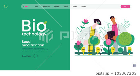 Bio Technology, Seed Modification -modern flat vector concept illustration of scientists analysing genetic modificated variants of a plant. Metaphor of direct impact of GMO on vegetation Bio Technology, Seed Modification -modern flat vector concept illustration of scientists analysing genetic modificated variants of a plant. Metaphor of direct impact of GMO on vegetation 105367205