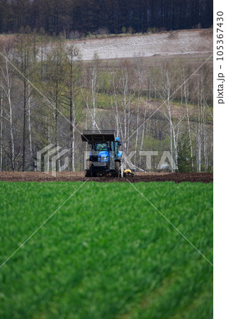 春の畑で畑を耕すトラクター 105367430
