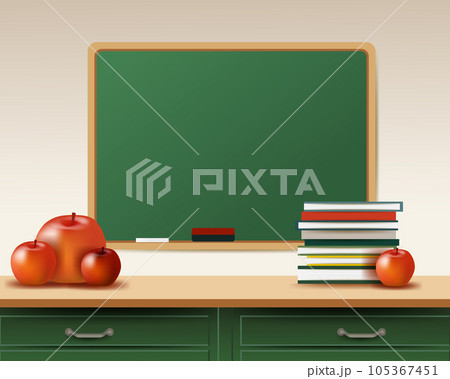 Back to school text drawing by colorful chalk in blackboard with school items. Back to school vector concept design 105367451