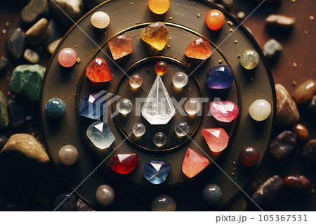 Multicolored lattice crystals under the sun. On a wooden stand Multicolored lattice crystals under the sun. On a wooden stand 105367531