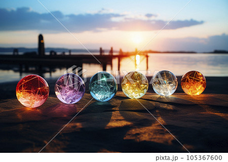 Multicolored lattice crystals under the sun. On a wooden stand Multicolored lattice crystals under the sun. On a wooden stand 105367600