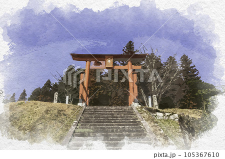 水彩画風　本宮八幡神社　一の鳥居　広島県東広島市 105367610