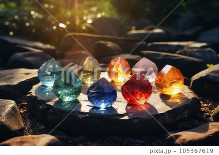 Multicolored lattice crystals under the sun. On a wooden stand Multicolored lattice crystals under the sun. On a wooden stand 105367619
