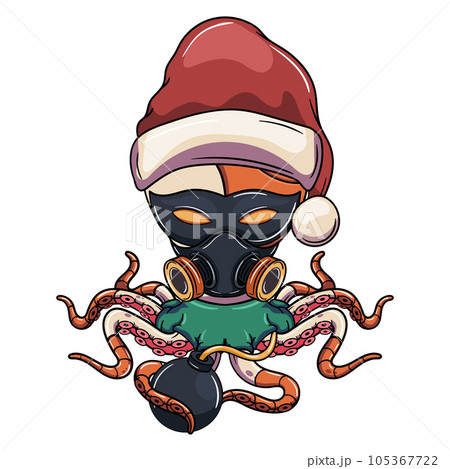 Cartoon cyborg octopus character with christmas santa claus hat, with eye mask, gas mask and with a bomb. Illustration for fantasy, science fiction and adventure comics Cartoon cyborg octopus character with christmas santa claus hat, with eye mask, gas mask and with a bomb. Illustration for fantasy, science fiction and adventure comics 105367722