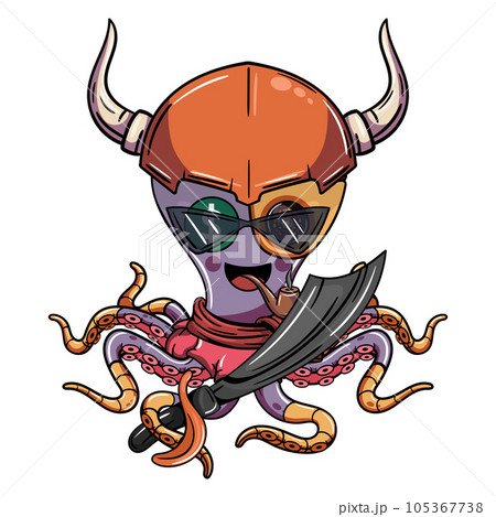 Cartoon cyborg octopus character wearing a viking helmet, holding a pirate sword and smoking a pipe. Illustration for fantasy, science fiction and adventure comics Cartoon cyborg octopus character wearing a viking helmet, holding a pirate sword and smoking a pipe. Illustration for fantasy, science fiction and adventure comics 105367738