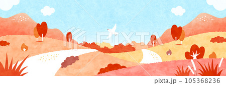 紅葉した秋の山道と白い鳥の風景 自然あふれる水彩イラスト 105368236
