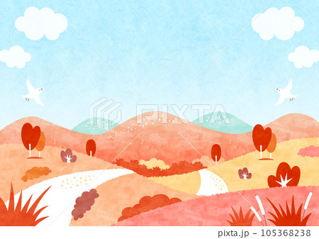 紅葉した秋の山道と青空の風景 自然あふれる水彩背景イラスト 105368238