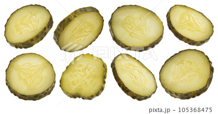 Pickled cucumber slices isolated on white background 105368475