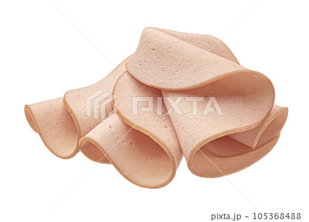 Boiled ham sausage slices isolated on white background, full depth of field Boiled ham sausage slices isolated on white background, full depth of field 105368488