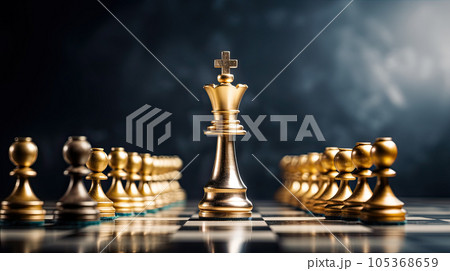 Set of luxury golden chess pieces isolated on dark background. The photo of gold chess, king, rook, bishop, queen, knight, and pawn 105368659