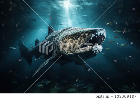 Scary sea fish like monster swims in blue water, underwater scene 105369187
